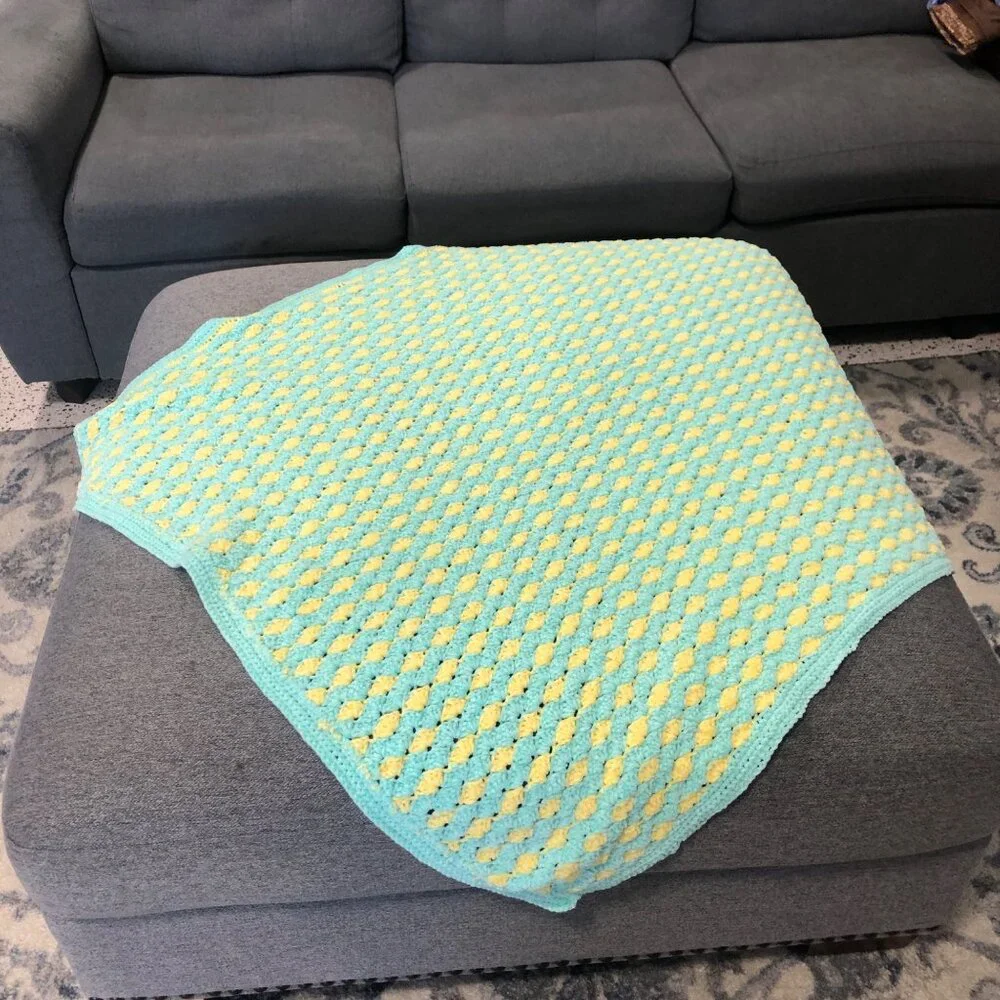 Handcrafted Crochet Baby Blanket Mint Green Yellow Soft 42x39